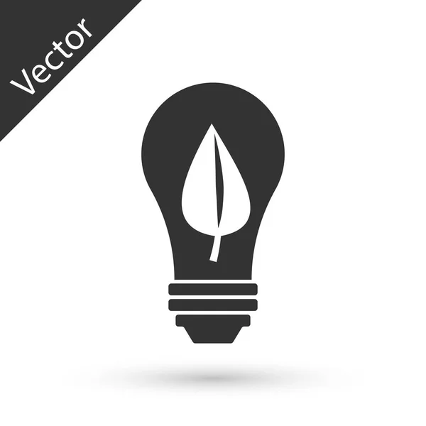 Lâmpada de luz cinza com ícone de folha isolado no fundo branco. Conceito de energia Eco. Conceito de energia alternativa. Ilustração vetorial — Vetor de Stock