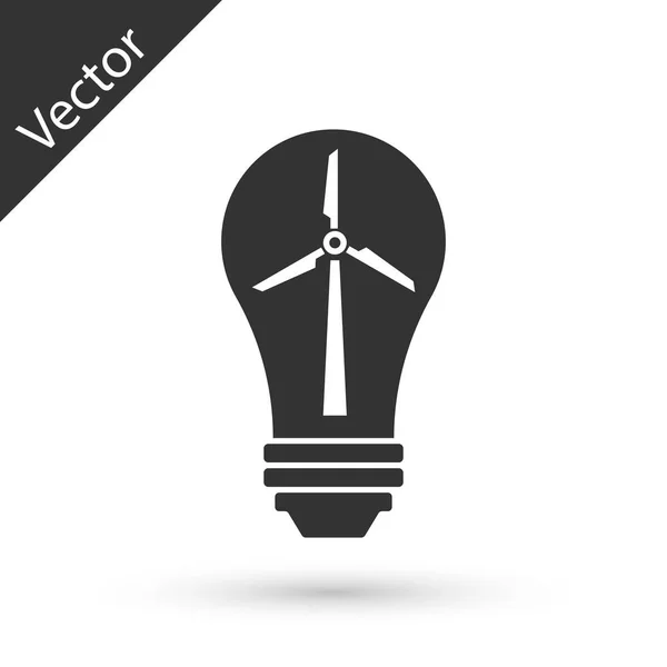 Lâmpada de luz cinza com turbina eólica como ideia de eco amigável fonte de ícone de energia isolado no fundo branco. Conceito de energia alternativa. Ilustração vetorial — Vetor de Stock