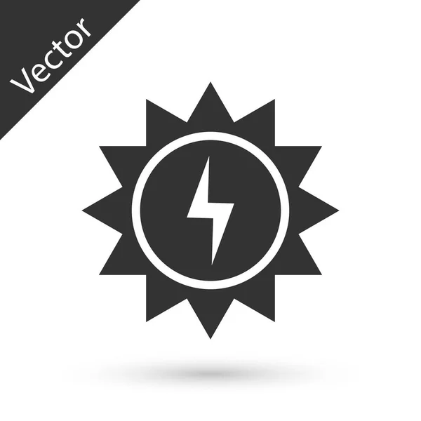 Graues Solarpaneel-Symbol auf weißem Hintergrund. Sonne mit Blitzsymbol. Vektorillustration — Stockvektor