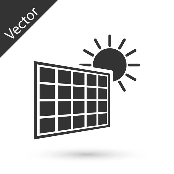 Panel de energía solar gris e icono del sol aislado sobre fondo blanco. Ilustración vectorial — Vector de stock