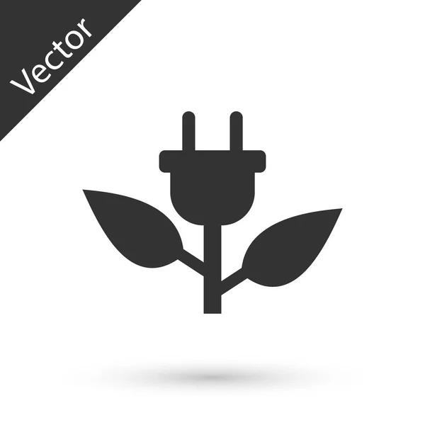 Gris Enchufe de ahorro eléctrico en el icono de la hoja aislado sobre fondo blanco. Ahorre energía icono de electricidad. Icono de protección ambiental. Bioenergía. Ilustración vectorial — Vector de stock