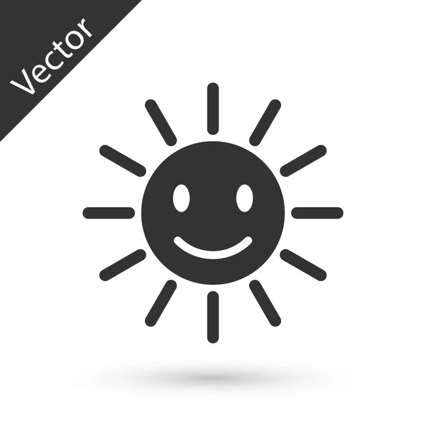 Grijze schattige zon met glimlach pictogram geïsoleerd op witte achtergrond. Grappige lachende zon. Prettige zonnige glimlach. Vector illustratie — Stockvector