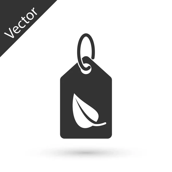 Etiqueta gris con icono de símbolo de hoja aislado sobre fondo blanco. Banner, etiqueta, etiqueta, logotipo, etiqueta para eco verde. Ilustración vectorial — Vector de stock