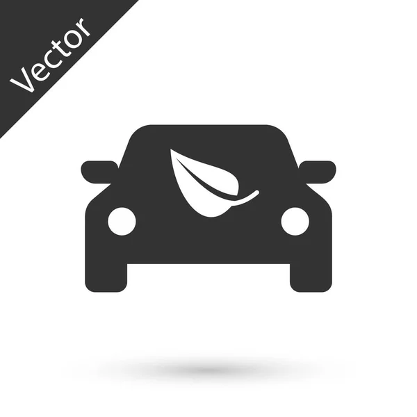 Grauer Eco-Car-Konzeptantrieb mit Blattsymbol auf weißem Hintergrund. grüne Energie Auto-Symbol. Vektorillustration — Stockvektor