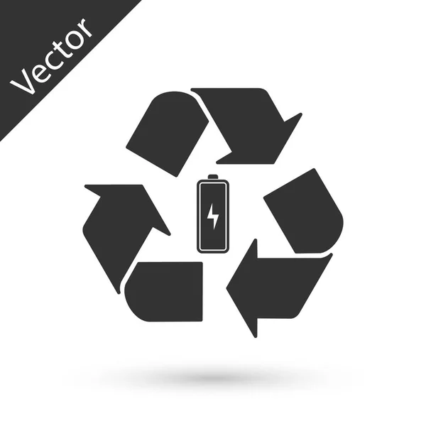 Bateria cinza com ícone de linha de símbolo de reciclagem isolado no fundo branco. Bateria com símbolo de reciclagem - conceito de energia renovável. Ilustração vetorial — Vetor de Stock