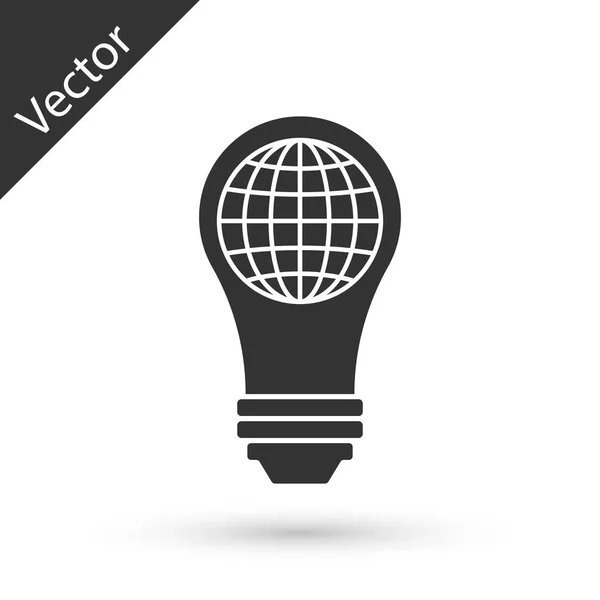 Graue Glühbirne mit Weltkugelsymbol auf weißem Hintergrund. Planet Erde auf der Lampe. globales Ökologiekonzept. Vektorillustration — Stockvektor