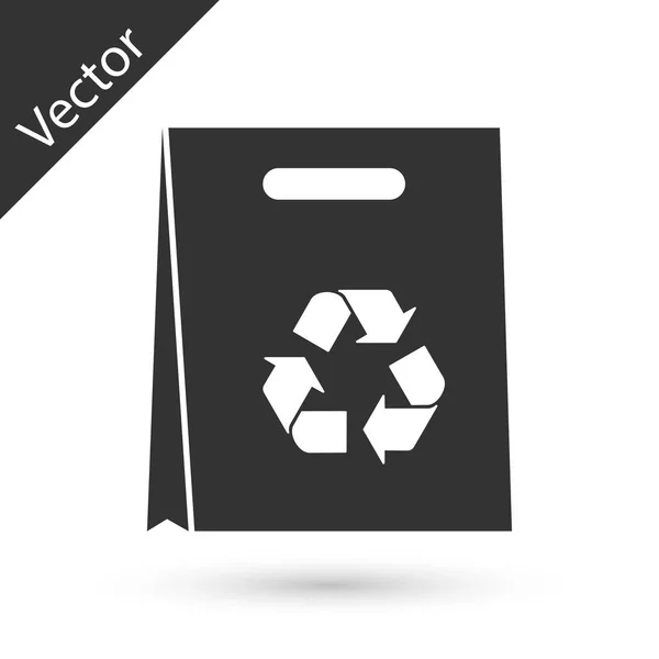 Saco de compras de papel cinza com ícone de reciclagem isolado no fundo branco. Saco com símbolo de reciclagem. Ilustração vetorial — Vetor de Stock