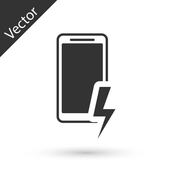 Ícone de bateria de carregamento Smartphone cinza isolado no fundo branco. Telefone com bateria fraca. Ilustração vetorial — Vetor de Stock