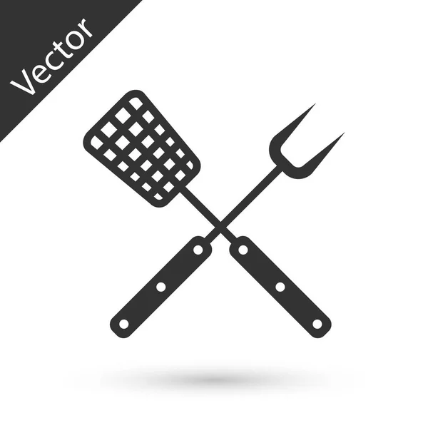 Icône de fourche et de spatule croisées grises isolées sur fond blanc. Fourchette barbecue et signe de spatule. Barbecue et outils de grill. Illustration vectorielle — Image vectorielle