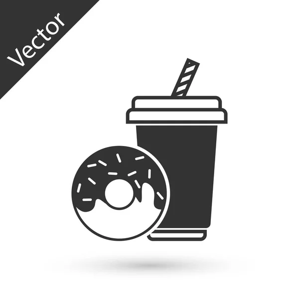 Bebida de soda gris con paja para beber y donut icono aislado sobre fondo blanco. Un símbolo de comida rápida. Ilustración vectorial — Vector de stock