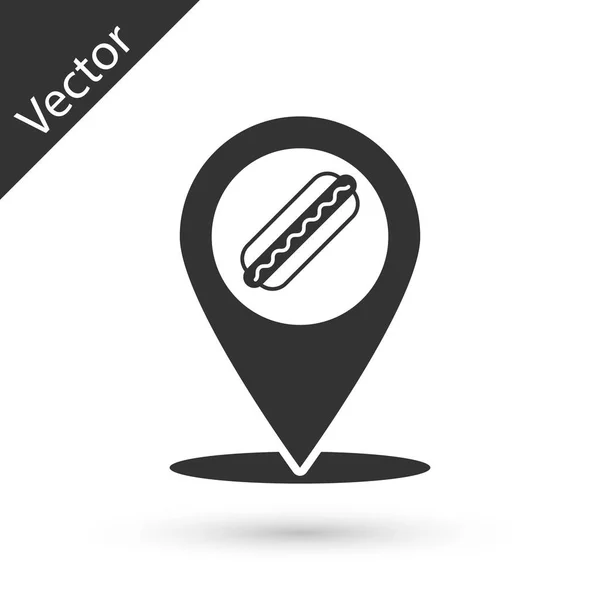 Ponteiro de mapa cinza com ícone de cachorro-quente fast food isolado no fundo branco. Ícone de salsicha. Ilustração vetorial — Vetor de Stock