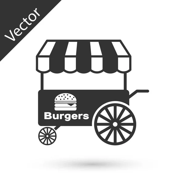 Grauer Streetfood-Wagen mit Markise auf weißem Hintergrund. Burger oder Hamburger-Ikone. Stadtkiosk. Vektorillustration — Stockvektor