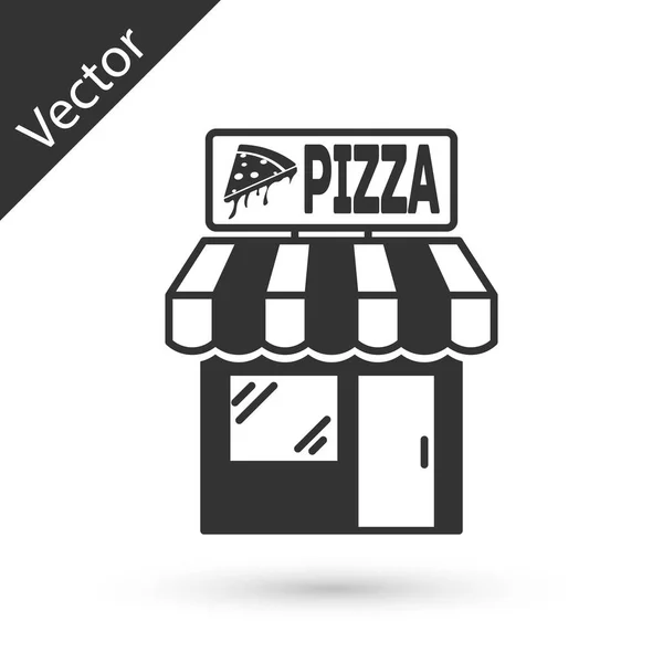 Gri Pizzeria bina cephe simgesi beyaz arka plan üzerinde izole. Fast food pizzacı büfesi. Vektör İllüstrasyonu — Stok Vektör