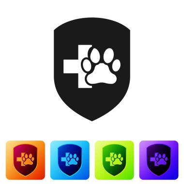 Siyah Hayvan sağlık sigortası simgesi beyaz arka plan üzerinde izole. Evcil hayvan koruma simgesi. Köpek ya da kedi pençesi izi. Simgeyi renk kare düğmelerinde ayarlayın. Vektör İllüstrasyonu