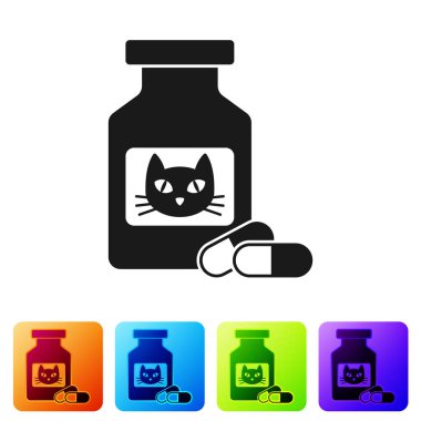 Siyah Kedi ilaç şişe ve hap simgesi beyaz arka plan üzerinde izole. Haplarla dolu bir kap. Hayvanlar için reçeteli ilaç. Simgeyi renk kare düğmelerinde ayarlayın. Vektör İllüstrasyonu
