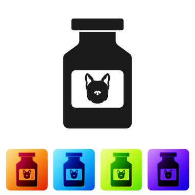 Siyah Köpek ilaç şişe simgesi beyaz arka plan üzerinde izole. Haplarla dolu bir kap. Hayvanlar için reçeteli ilaç. Simgeyi renk kare düğmelerinde ayarlayın. Vektör İllüstrasyonu
