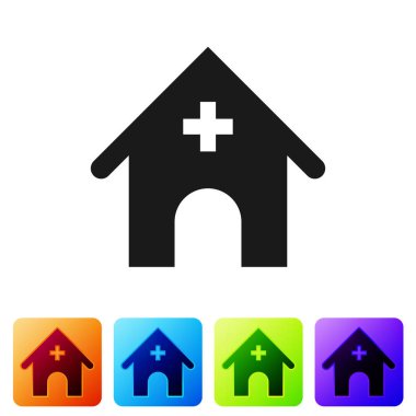 Siyah Veteriner tıp hastanesi, klinik veya hayvanlar için evcil hayvan dükkanı simgesi beyaz arka plan üzerinde izole. Veteriner veya veteriner kliniği. Simgeyi renk kare düğmelerinde ayarlayın. Vektör İllüstrasyonu