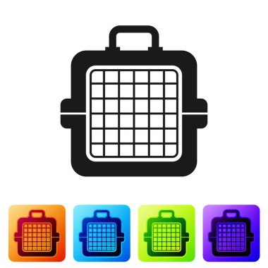 Siyah Pet beyaz arka plan üzerinde izole durumda simgesi taşır. Hayvanlar, köpek ve kedi taşıyıcısı. Hayvanlar için konteyner. Hayvan taşıma kutusu. Simgeyi renk kare düğmelerinde ayarlayın. Vektör İllüstrasyonu