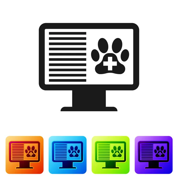 Black Medical clinical record pet on monitor icon isolated on white background. Health insurance form. Prescription, medical check marks report. Set icon in color square buttons. Vector Illustration — Stock Vector