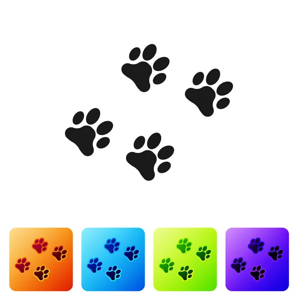 Black Paw print icon isolated on white background. Dog or cat paw print. Animal track. Set icon in color square buttons. Vector Illustration — Stock Vector