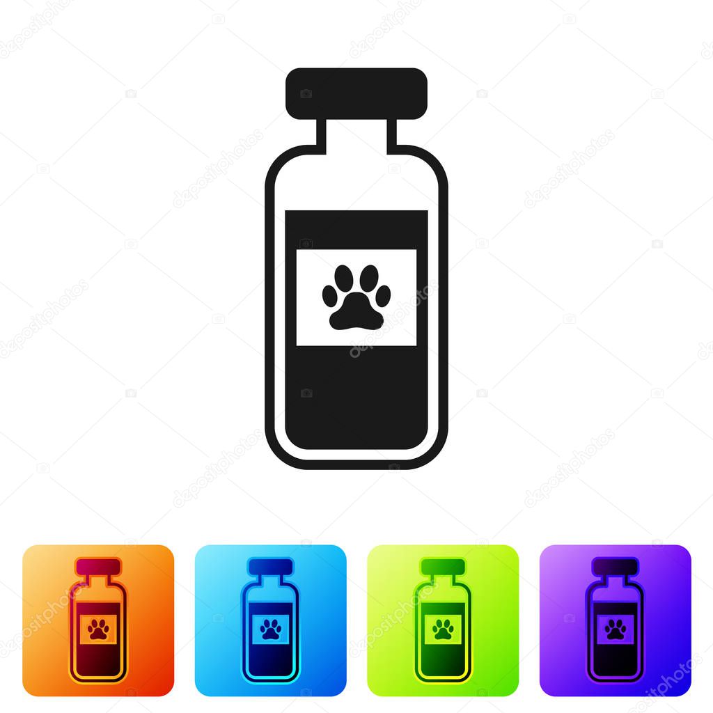 Black Pets vial medical icon isolated on white background. Prescription medicine for animal. Set icon in color square buttons. Vector Illustration