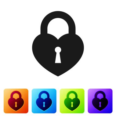 Siyah Kale beyaz arka plan üzerinde izole bir kalp simgesi şeklinde. Kilitli Kalp. Aşk sembolü ve anahtar deliği işareti. Simgeyi renk kare düğmelerinde ayarlayın. Vektör İllüstrasyonu