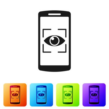 Siyah Cep telefonu ve göz tonu simgesi beyaz arka plan üzerinde izole. Tarama gözü. Güvenlik kontrolü sembolü. Siber göz işareti. Simgeyi renk kare düğmelerinde ayarlayın. Vektör İllüstrasyonu