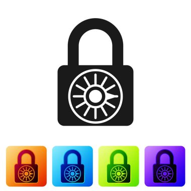 Siyah Güvenli kombinasyon kilit tekerleği simgesi beyaz arka plan üzerinde izole. Kombinasyon asma kilidi. Güvenlik, güvenlik, koruma, şifre, gizlilik kavramı. Simgeyi renk kare düğmelerinde ayarlayın. Vektör İllüstrasyonu