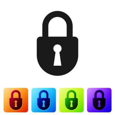 Beyaz arka planda yalıtılmış Siyah Kilit simgesi. Asma kilit işareti. Güvenlik, güvenlik, koruma, gizlilik kavramı. Simgeyi renk kare düğmelerinde ayarlayın. Vektör İllüstrasyonu