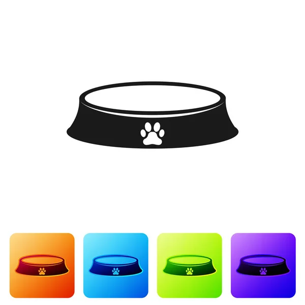 Zwarte pet food Bowl voor kat of hond pictogram geïsoleerd op witte achtergrond. Hond of kat Paw Print. Pictogram instellen in de knoppen kleur vierkant. Vector illustratie — Stockvector