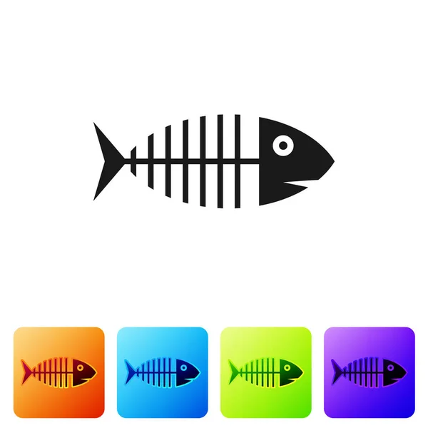 Black Fish skeleton icon isolated on white background. Fish bone sign. Set icon in color square buttons. Vector Illustration — Stock Vector