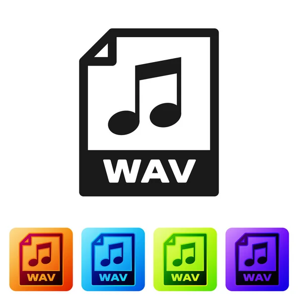 Black WAV file document icon. Download wav button icon isolated on white background. WAV waveform audio file format for digital audio riff files. Set icon in color square buttons. Vector Illustration — Stock Vector