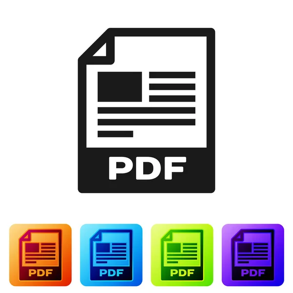 검정 색 PDF 파일 문서 아이콘입니다. 흰색 배경에 격리 된 PDF 버튼 아이콘을 다운로드합니다. PDF 파일 기호입니다. 색상 정사각형 버튼에 아이콘을 설정합니다. 벡터 일러스트레이션 — 스톡 벡터