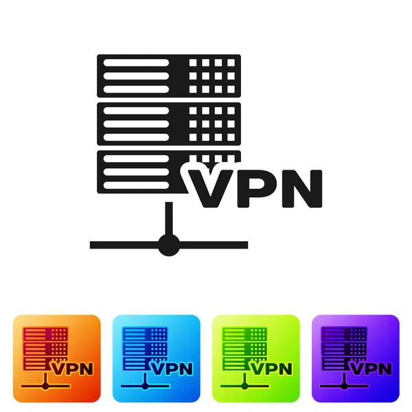 Черный сервер VPN значок изолирован на белом фоне. Установите значок в цветные квадратные кнопки. Векторная миграция — стоковый вектор