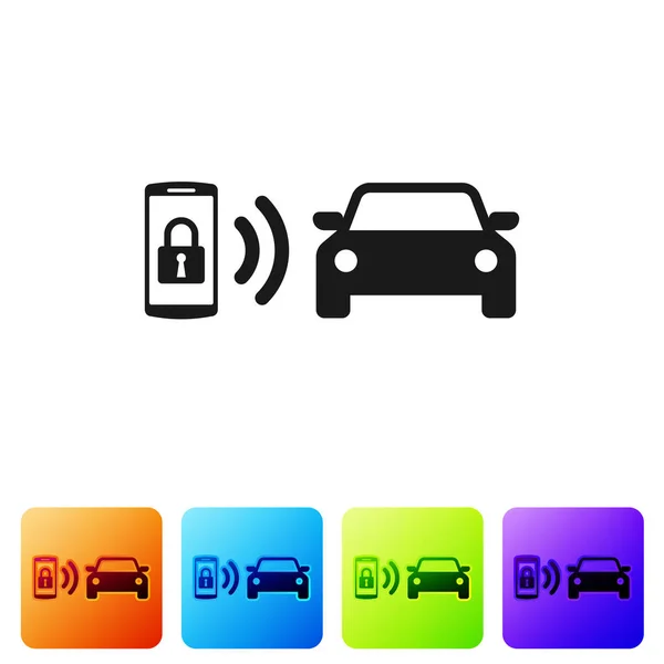 Icono del sistema de alarma de coche inteligente negro aislado sobre fondo blanco. El teléfono inteligente controla la seguridad del coche en el inalámbrico. Establecer icono en los botones cuadrados de color. Ilustración vectorial — Archivo Imágenes Vectoriales