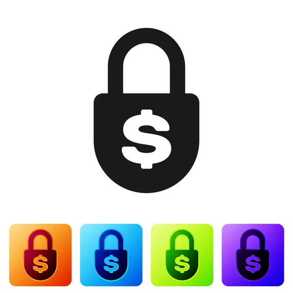 黑钱锁图标孤立在白色背景。挂锁和美元符号。财务、安全、安全、保护、隐私理念。在颜色方形按钮中设置图标。矢量插图 — 图库矢量图片