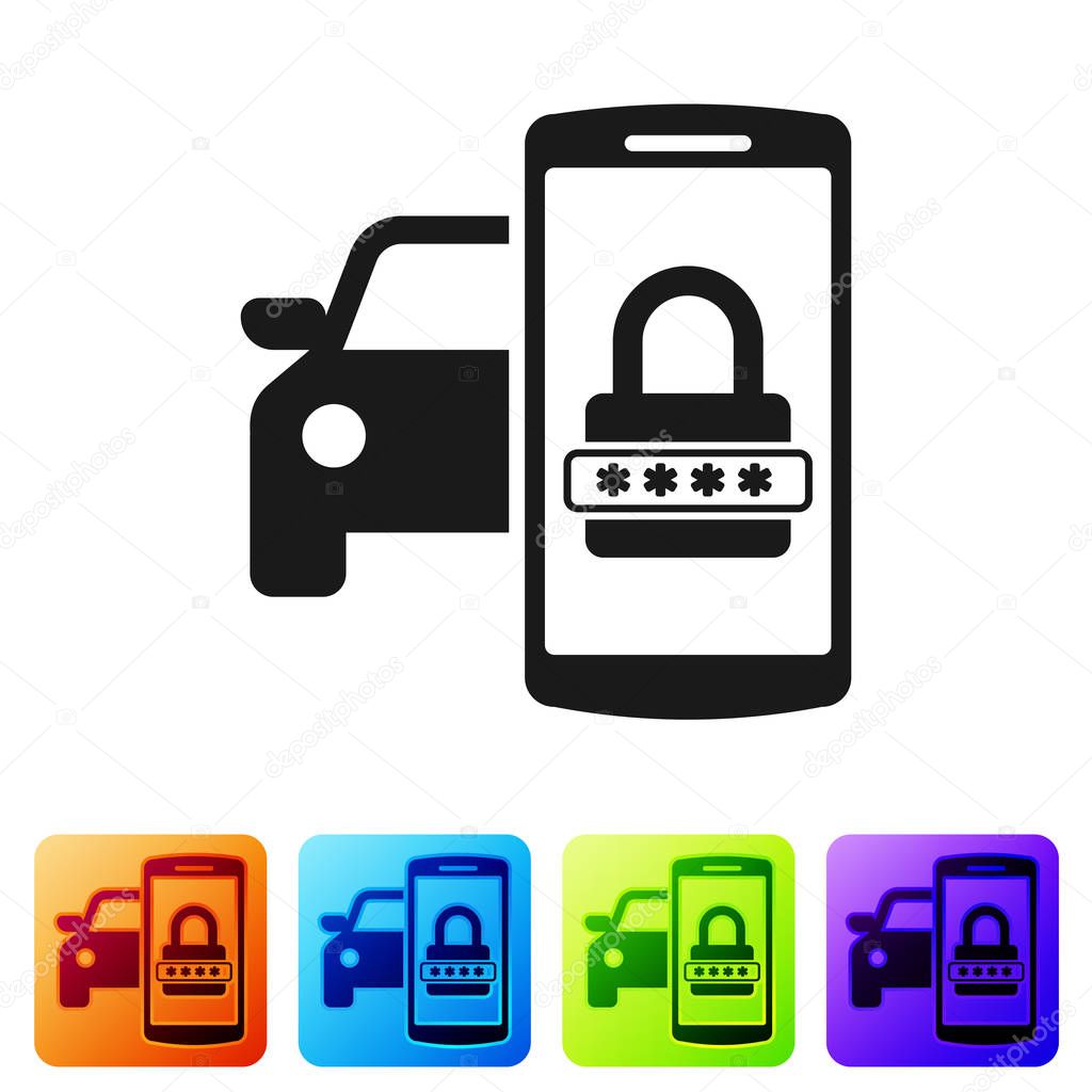 Black Smart car security system icon isolated on white background. The smartphone controls the car security on the wireless. Set icon in color square buttons. Vector Illustration