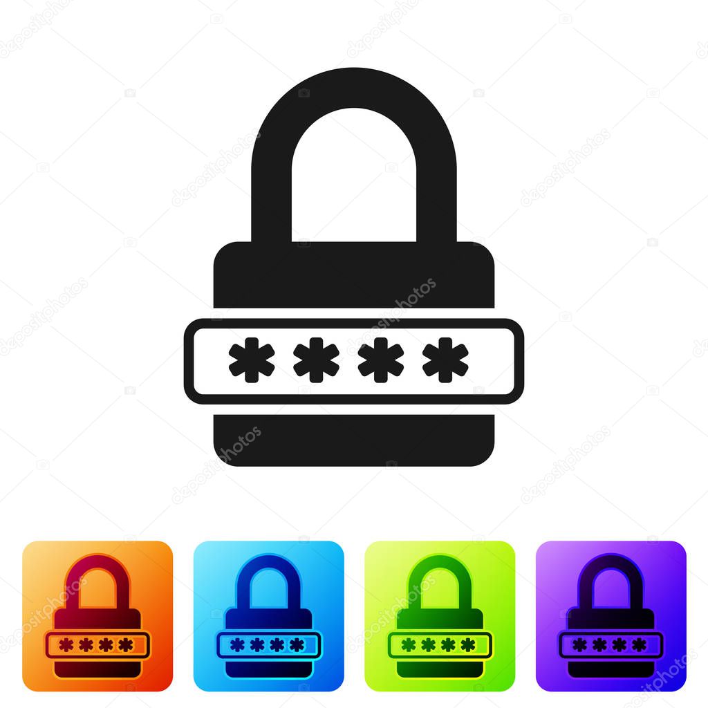 Black Password protection and safety access icon isolated on white background. Lock icon. Security, safety, protection, privacy concept. Set icon in color square buttons. Vector Illustration