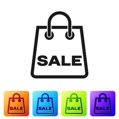 Beyaz arka plan üzerinde izole bir yazıt Satış simgesi ile Siyah Shoping çanta. Çanta tabelası. Kadın çantası simgesi. Kadın çanta tabelası. Simgeyi renk kare düğmelerinde ayarlayın. Vektör İllüstrasyonu