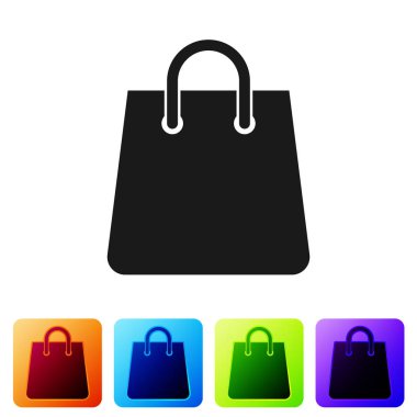 Siyah Çanta simgesi beyaz arka planda izole. Shoping çanta işareti. Kadın çantası simgesi. Kadın çanta tabelası. Glamour rahat bagaj. Simgeyi renk kare düğmelerinde ayarlayın. Vektör İllüstrasyonu