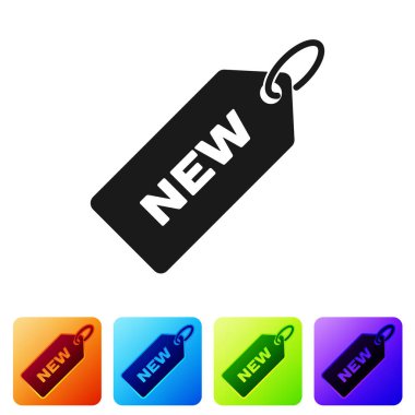 Siyah Fiyat etiketi, beyaz arka planda yalıtılmış yeni simgesi içeren bir yazıt. Fiyat için rozet. Promosyon etiket indirimi. Simgeyi renk kare düğmelerinde ayarlayın. Vektör İllüstrasyonu