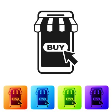 Siyah Cep telefonu ve beyaz arka plan üzerinde izole çizgili tente simgesi ile alışveriş sepeti. Online satın alma sembolü. Süpermarket sepeti sembolü. Simgeyi renk kare düğmelerinde ayarlayın. Vektör İllüstrasyonu