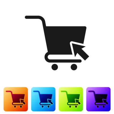 Beyaz arka planda yalıtılmış imleç simgesine sahip Siyah Alışveriş sepeti. Online satın alma konsepti. Teslimat hizmeti işareti. Süpermarket sepeti sembolü. Simgeyi renk kare düğmelerinde ayarlayın. Vektör İllüstrasyonu