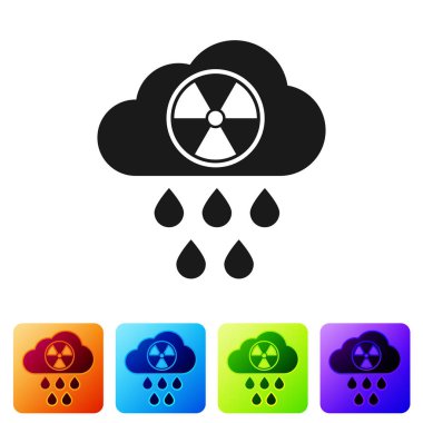 Siyah Asit yağmuru ve radyoaktif bulut simgesi beyaz arka plan üzerinde izole. Toksik hava kirliliğinin çevre üzerindeki etkileri. Simgeyi renk kare düğmelerinde ayarlayın. Vektör İllüstrasyonu