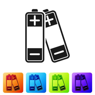 Beyaz arka plan üzerinde izole siyah pil simgesi. Yıldırım cıvata sembolü. Simge renk kare düğmeleri ayarlayın. Vektör çizim