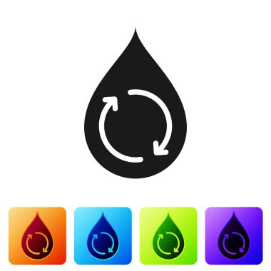 Siyah Geri Dönüşüm temiz aqua simgesi beyaz arka plan üzerinde izole. İşaret geri dönüşüm ile su damlası. Simgeyi renk kare düğmelerinde ayarlayın. Vektör İllüstrasyonu