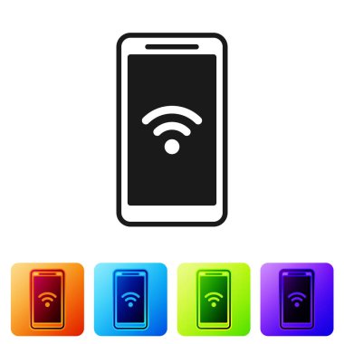 Beyaz arka planda izole ücretsiz wi-fi kablosuz bağlantı simgesi ile Siyah Smartphone. Kablosuz teknoloji, wi-fi bağlantısı, kablosuz ağ. Simgeyi renk kare düğmelerinde ayarlayın. Vektör İllüstrasyonu