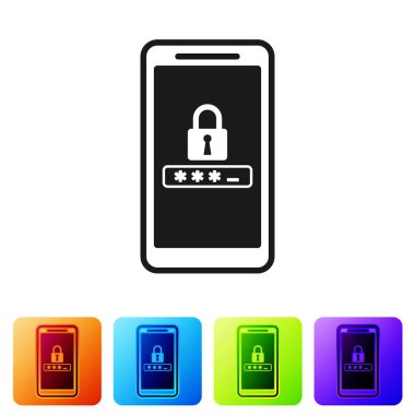 Siyah Cep telefonu ve parola koruma simgesi beyaz arka planda yalıtılmış. Güvenlik, güvenlik, kişisel erişim, kullanıcı izni, gizlilik. Simgeyi renk kare düğmelerinde ayarlayın. Vektör İllüstrasyonu
