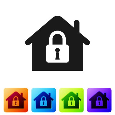 Siyah Ev koruma simgesi altında beyaz arka plan üzerinde izole. Eve ve kilitle. Koruma, güvenlik, güvenlik, koruma, savunma konsepti. Simgeyi renk kare düğmelerinde ayarlayın. Vektör İllüstrasyonu
