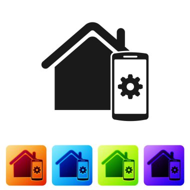 Black Smart home - beyaz arka planda yalıtılmış uzaktan kumanda sistemi simgesi. Simgeyi renk kare düğmelerinde ayarlayın. Vektör İllüstrasyonu